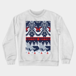 Fair isle knitting grey wolf // pattern // navy blue and grey wolves red moons and pine trees Crewneck Sweatshirt